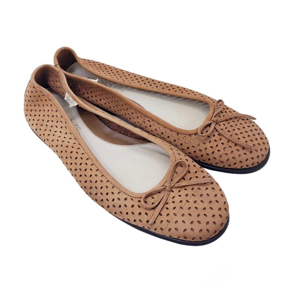 Aerosoles Tan Light Brown Leather Perforated Ballet Bow Flats Women's Size 7.5